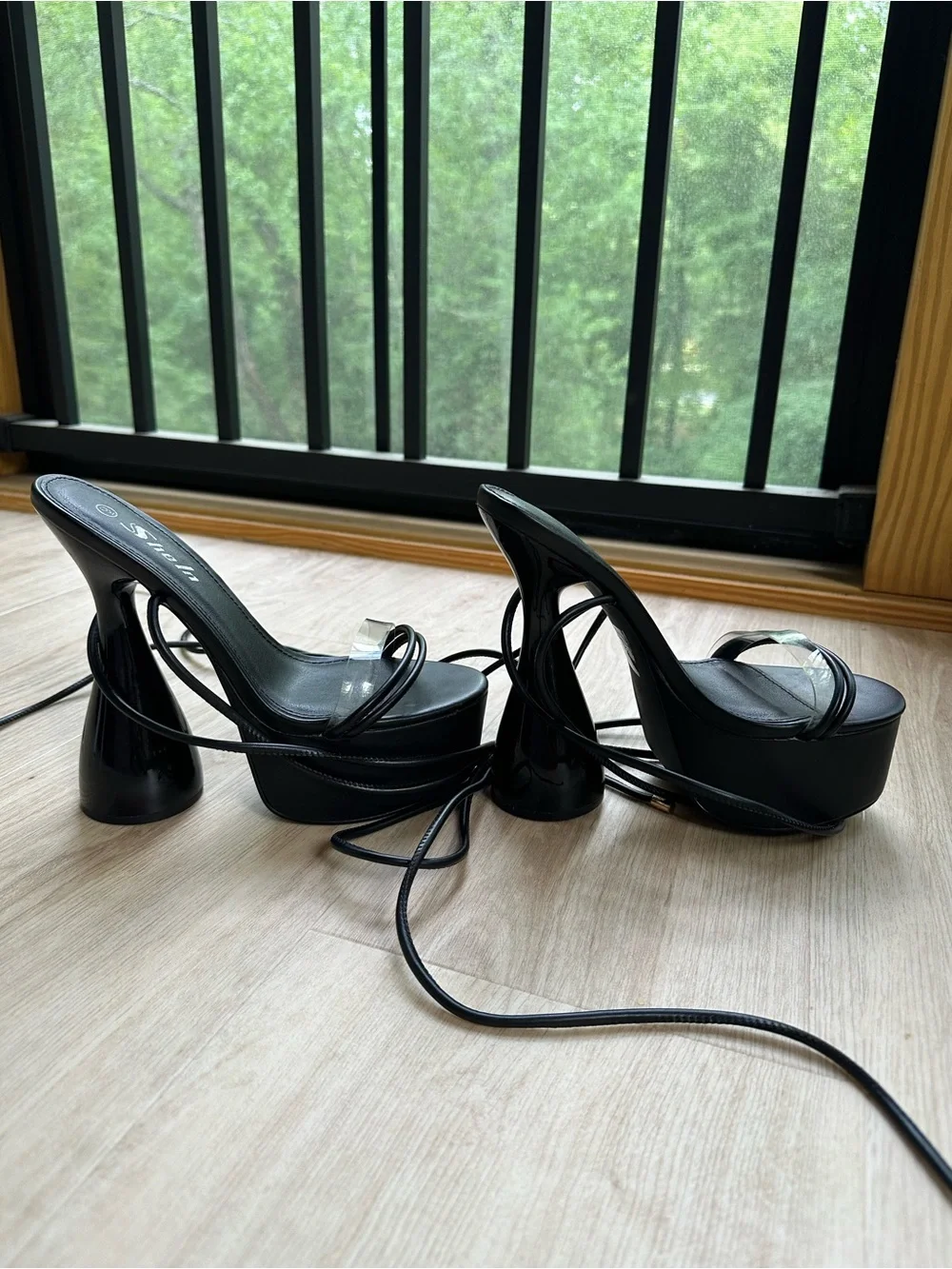 Futuristic Rave Club Black Strappy Lace-Up Architectural Heel Platform Sandals~9